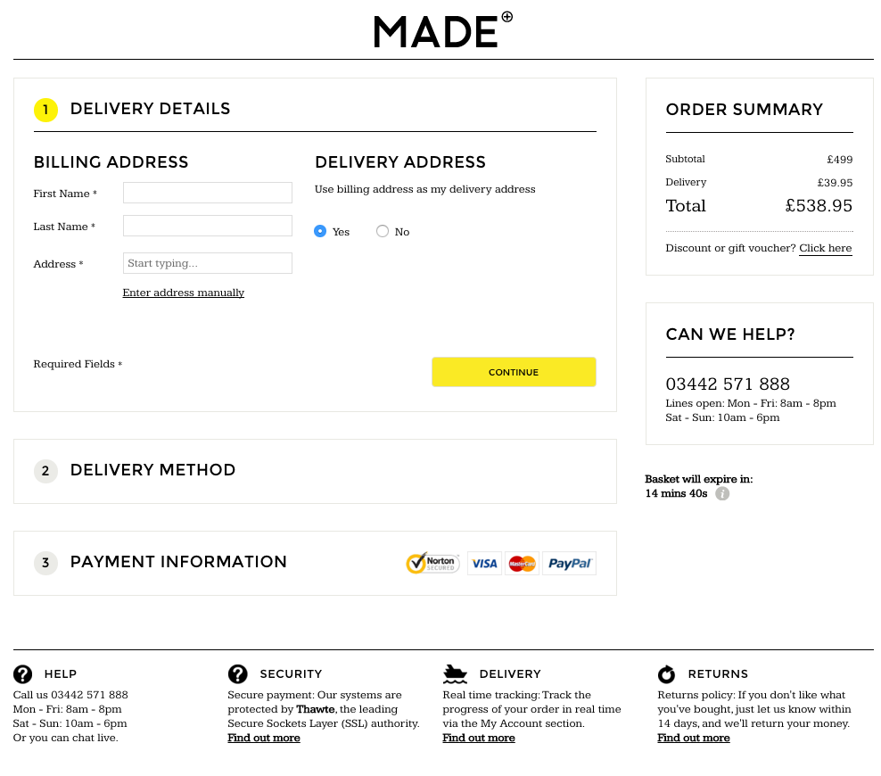 MADE's one step checkout example Marvellous agency