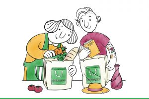Illustration of two people packing shopping bags