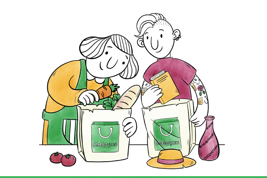 Illustration of two people packing shopping bags