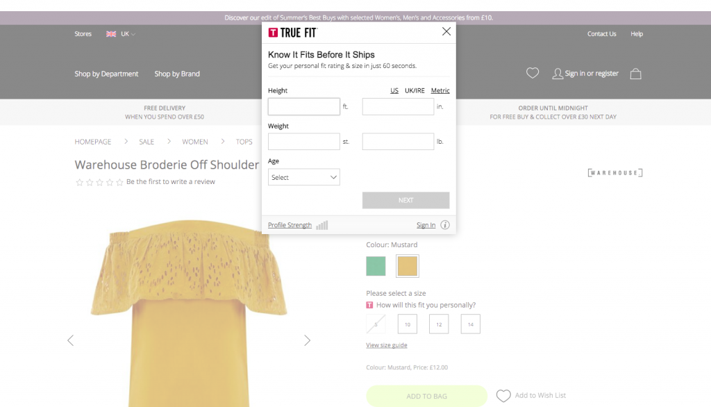 Screenshot of House of Fraser True Fit feature